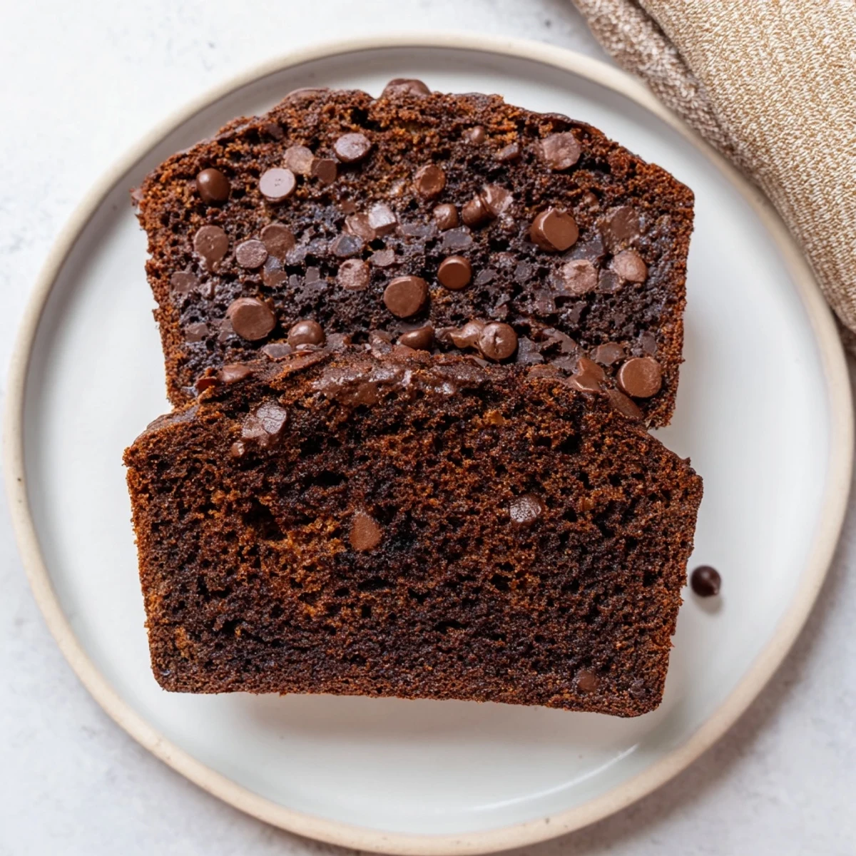Freshly baked chocolate espresso banana bread loaf cooling on wire rack with glossy chocolate-studded top