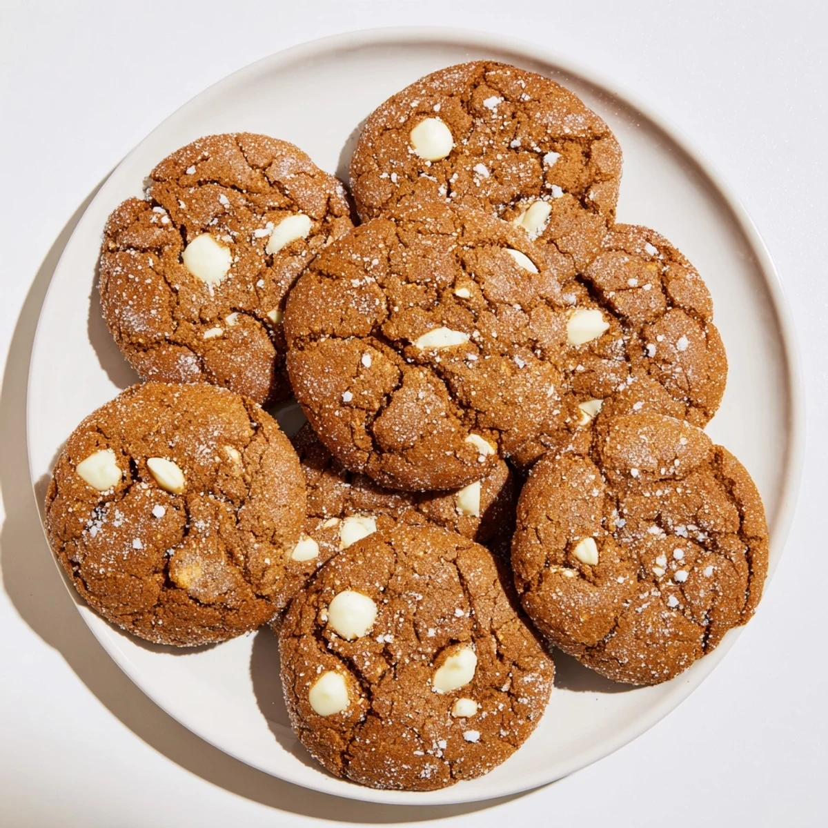 Chewy gingerbread white chocolate cookies studded with creamy white chocolate chunks on a white plate