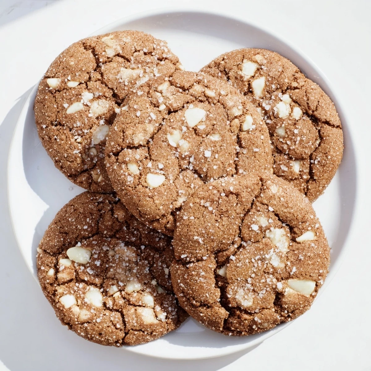 Festive gingerbread white chocolate cookies rolled in sparkling sugar and stacked for holiday serving