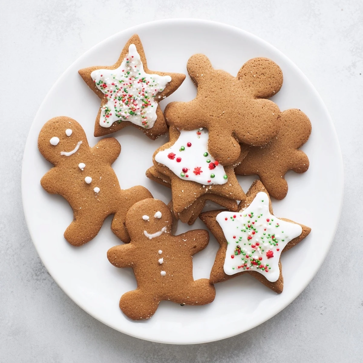 Festive classic cut out gingerbread cookies decorated with white royal icing and colorful sprinkles on a white plate