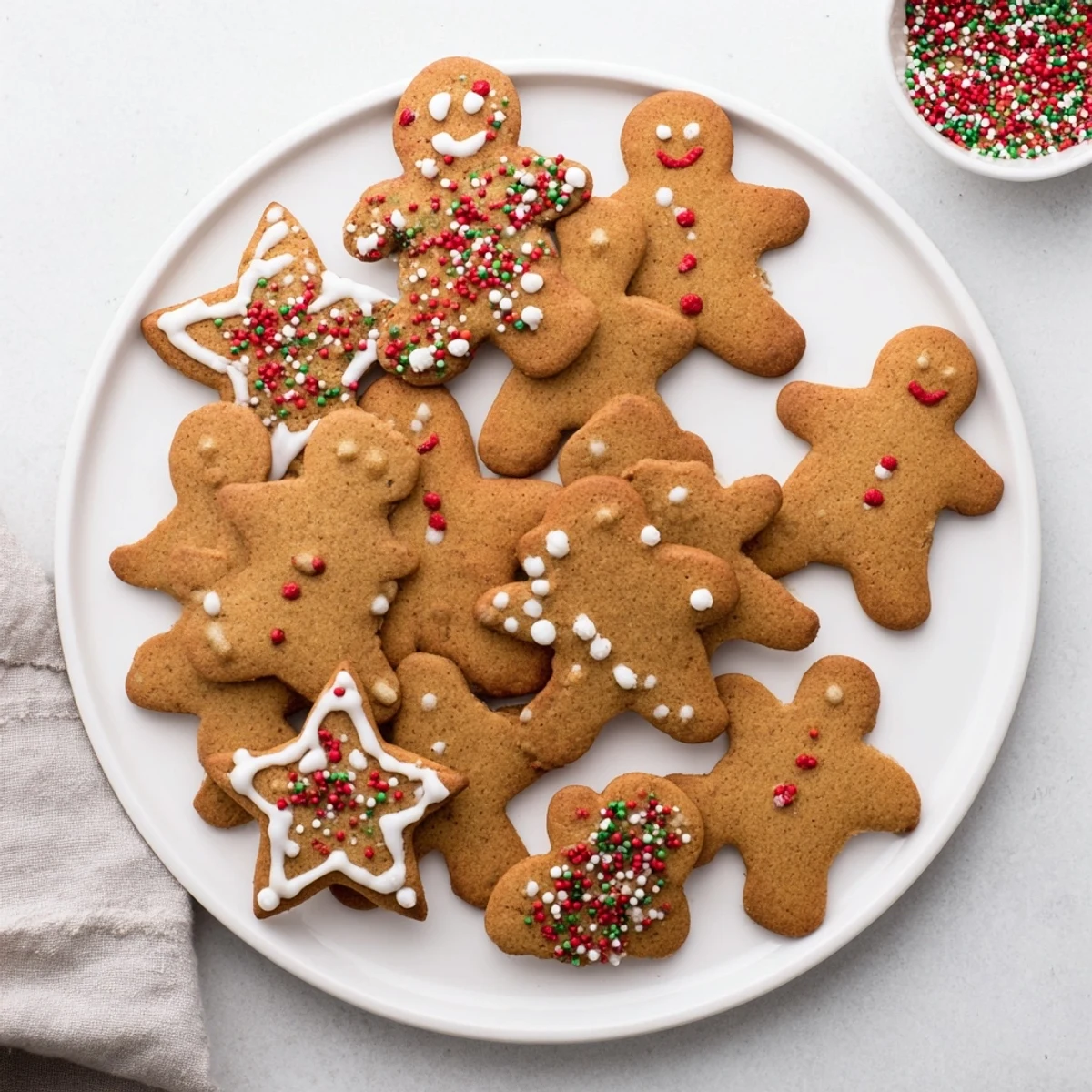 Golden brown classic cut out gingerbread cookies shaped like stars and hearts arranged on a wooden cutting board