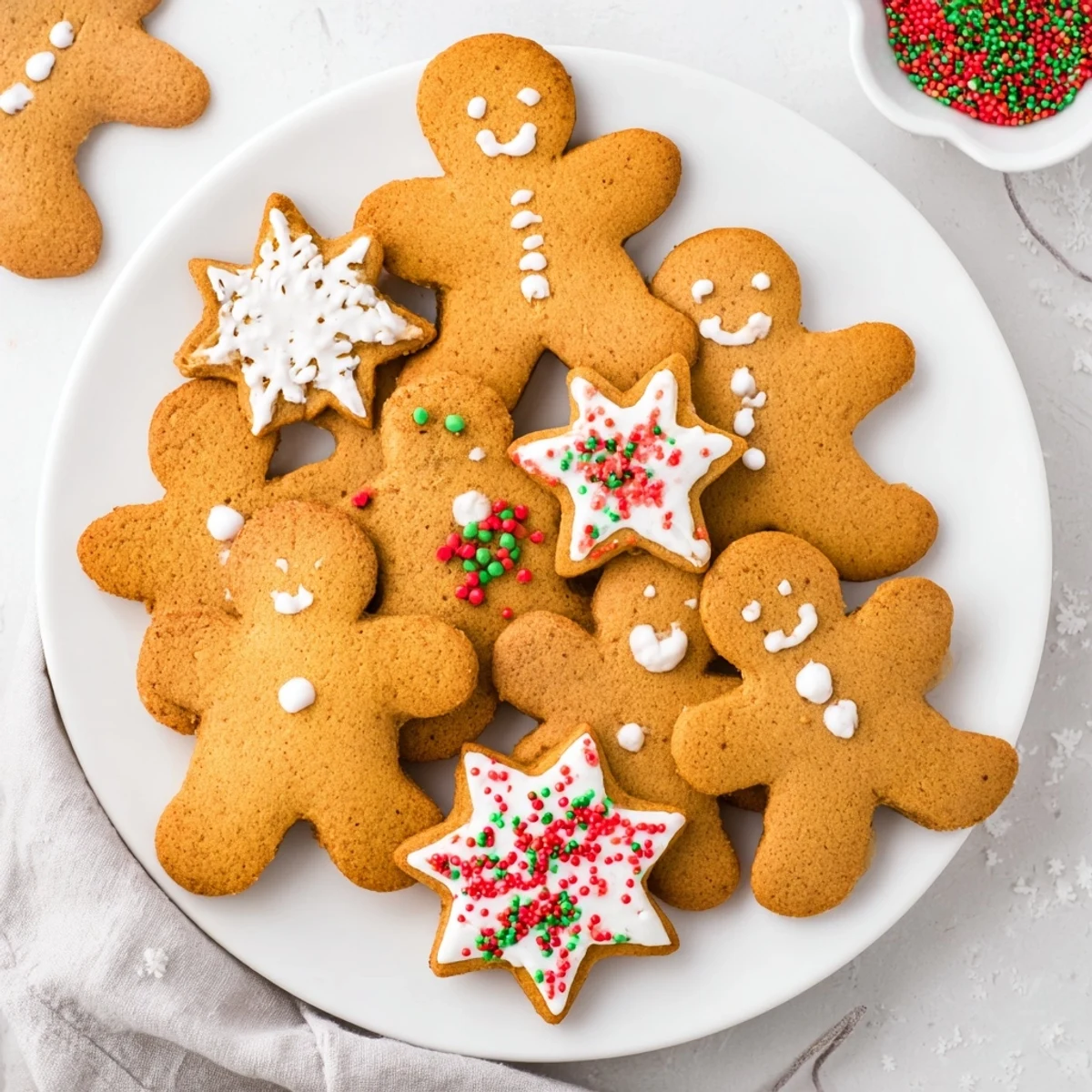Freshly baked classic cut out gingerbread cookies with detailed piping and edible decorations ready for holiday gifting