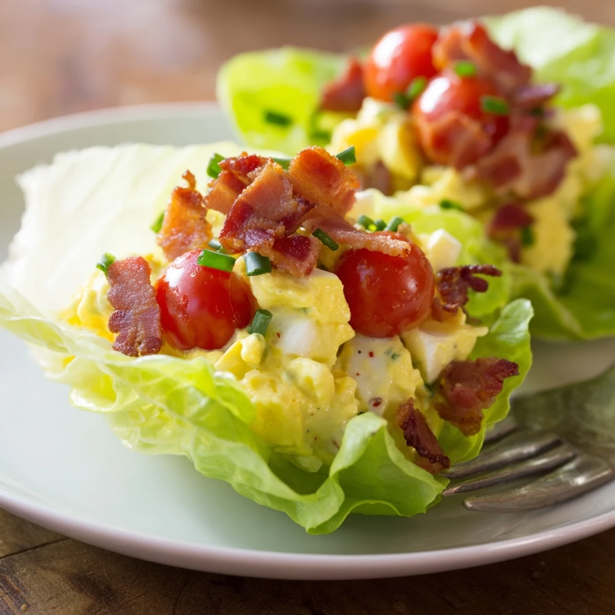BLT Egg Salad Lettuce Wraps with creamy yolk, crispy bacon, fresh butter lettuce