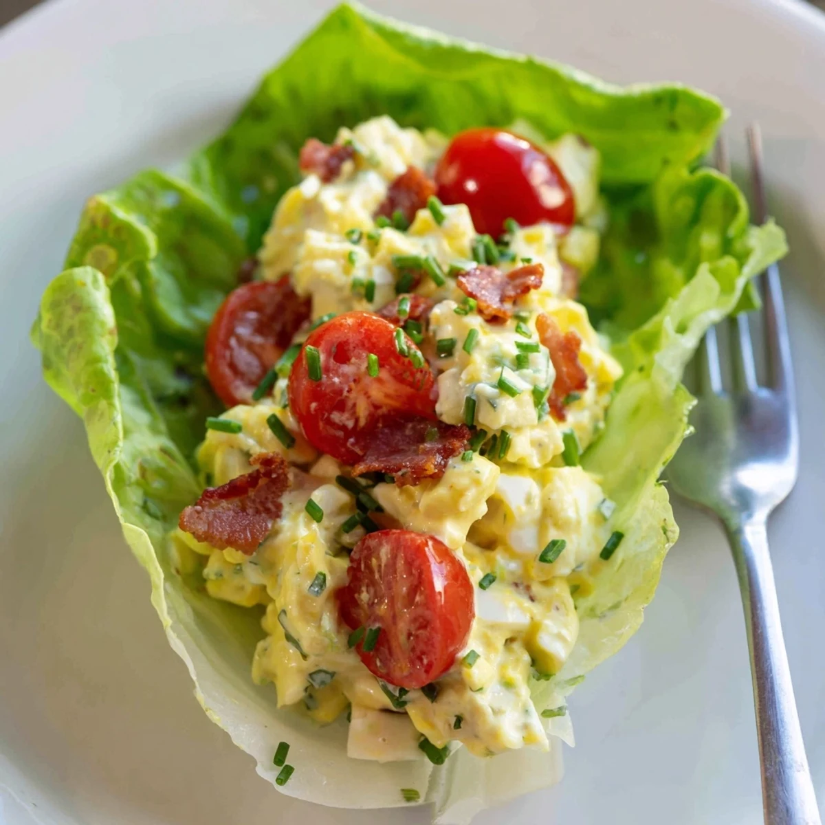 Bright BLT Egg Salad Lettuce Wraps plated with halved cherry tomatoes and chives