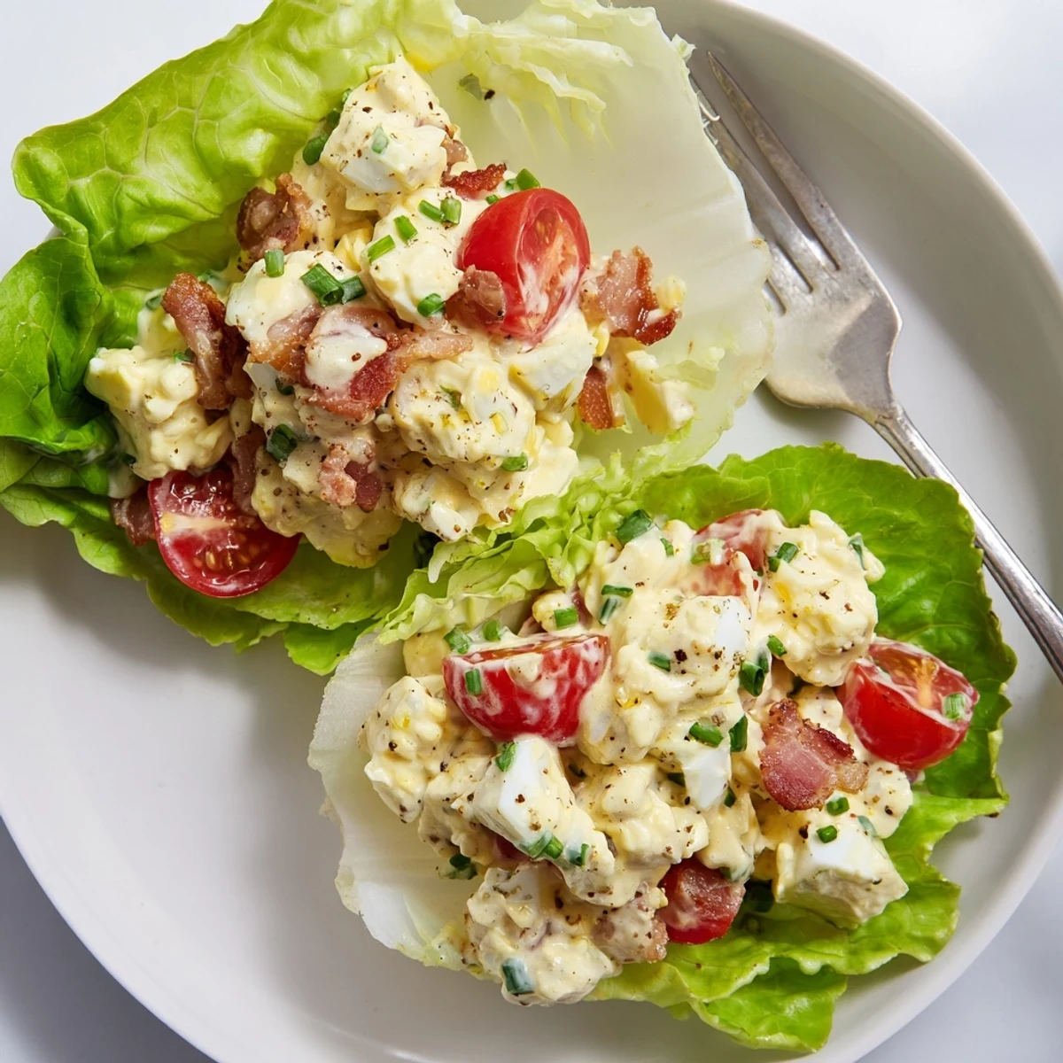 Handheld BLT Egg Salad Lettuce Wraps stuffed with crumbled bacon and Dijon tang