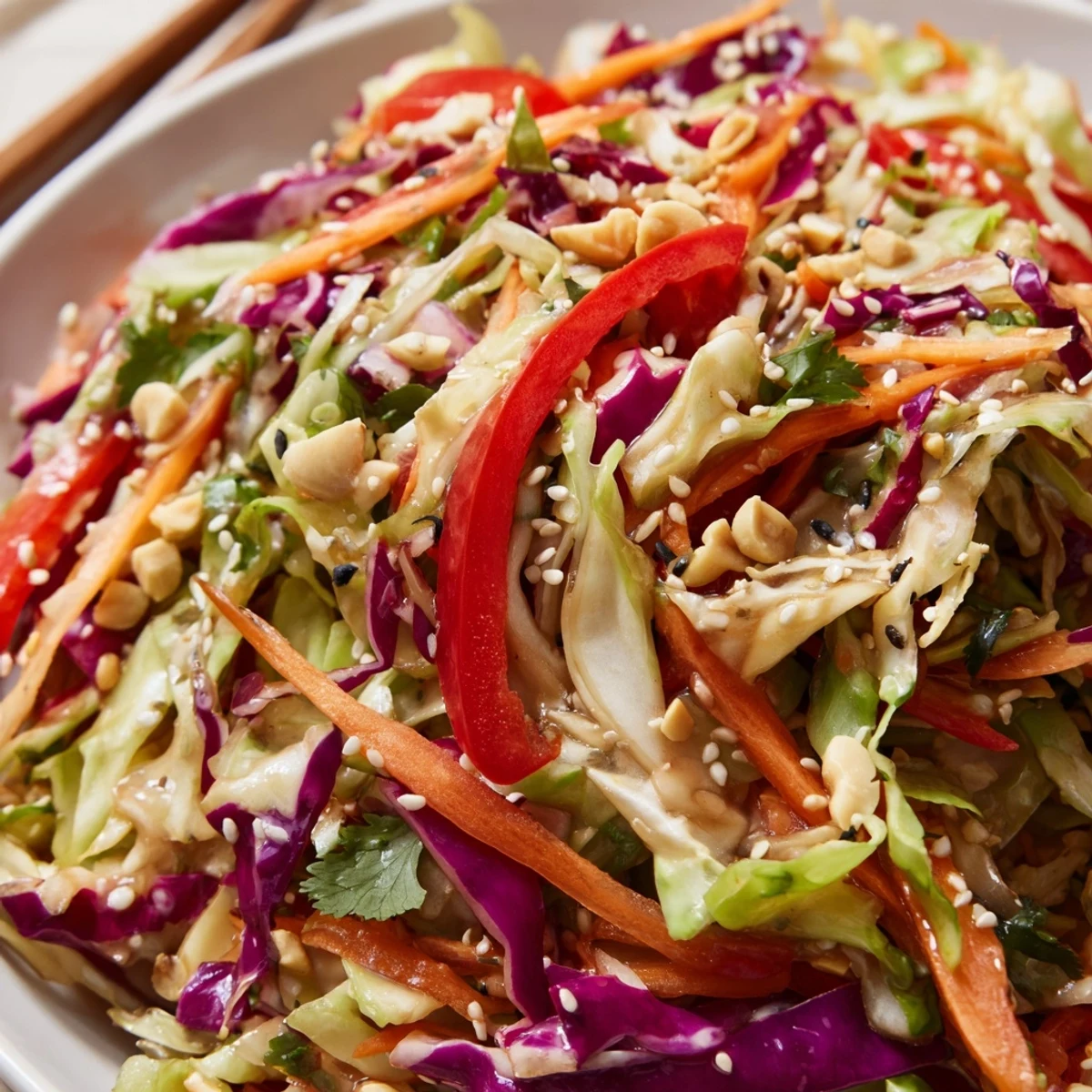 Bowl of Asian Cabbage Salad, crisp strands, topped with chopped peanuts and cilantro