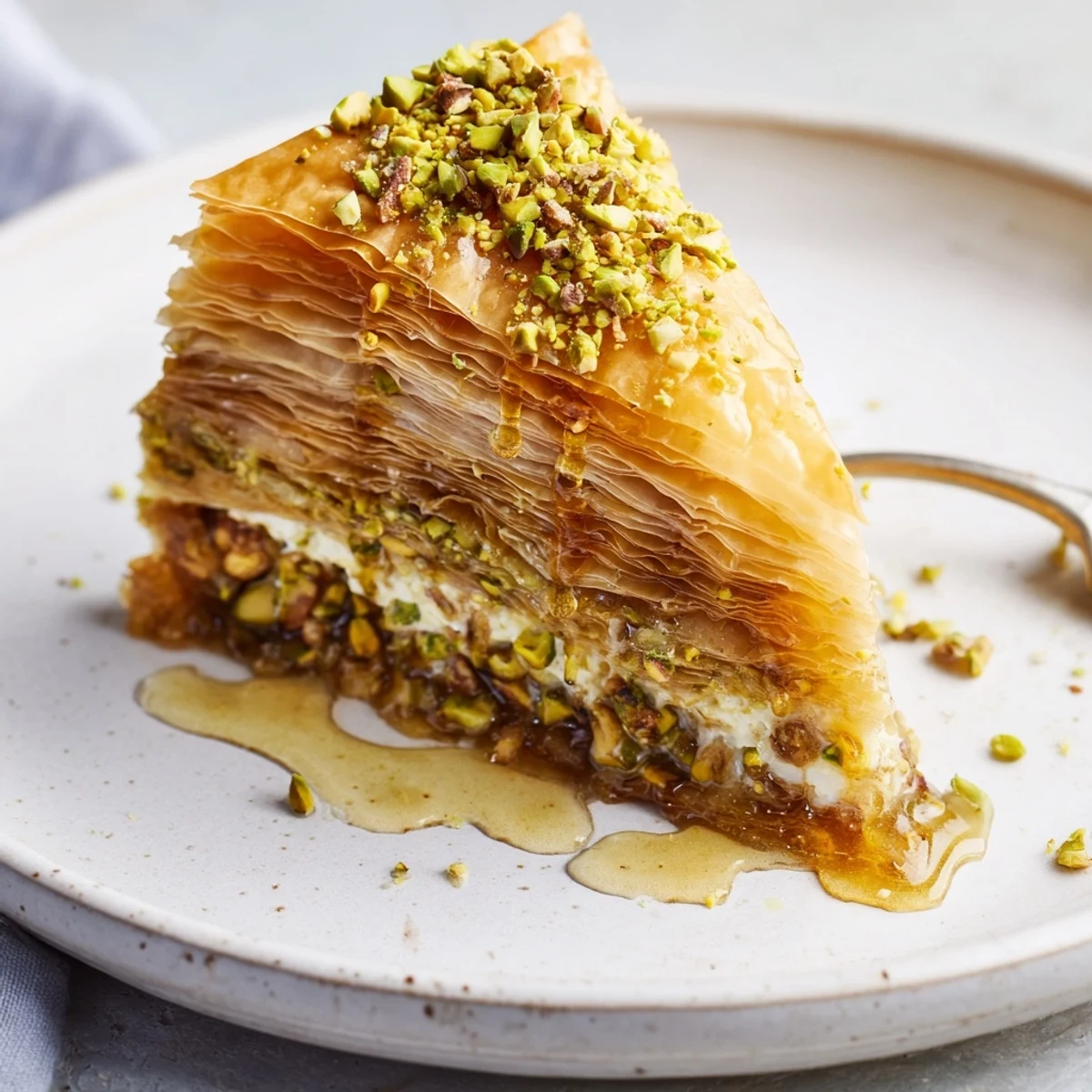Pistachio Baklava Cheesecake topped with glistening honey syrup and crunchy pistachios