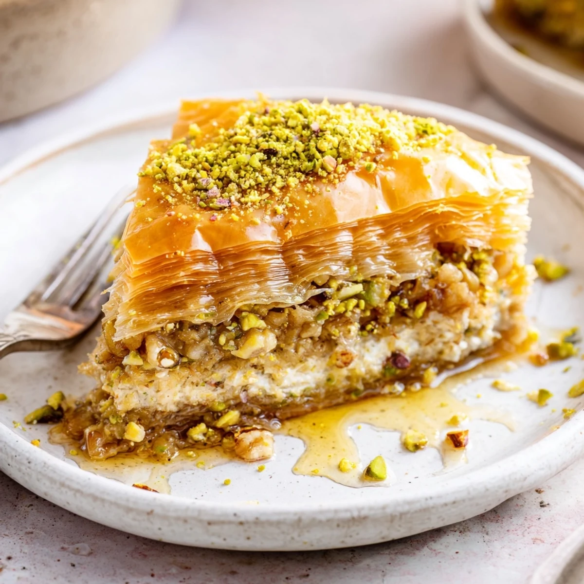 Sliced Pistachio Baklava Cheesecake showing flaky phyllo crust and creamy filling