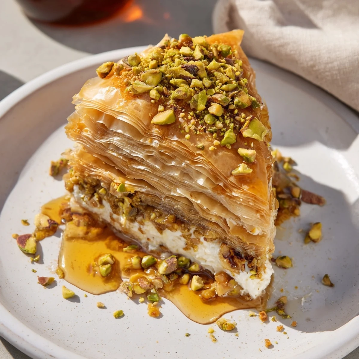 Chilled Pistachio Baklava Cheesecake on plate, lemon zest aroma and warm tea