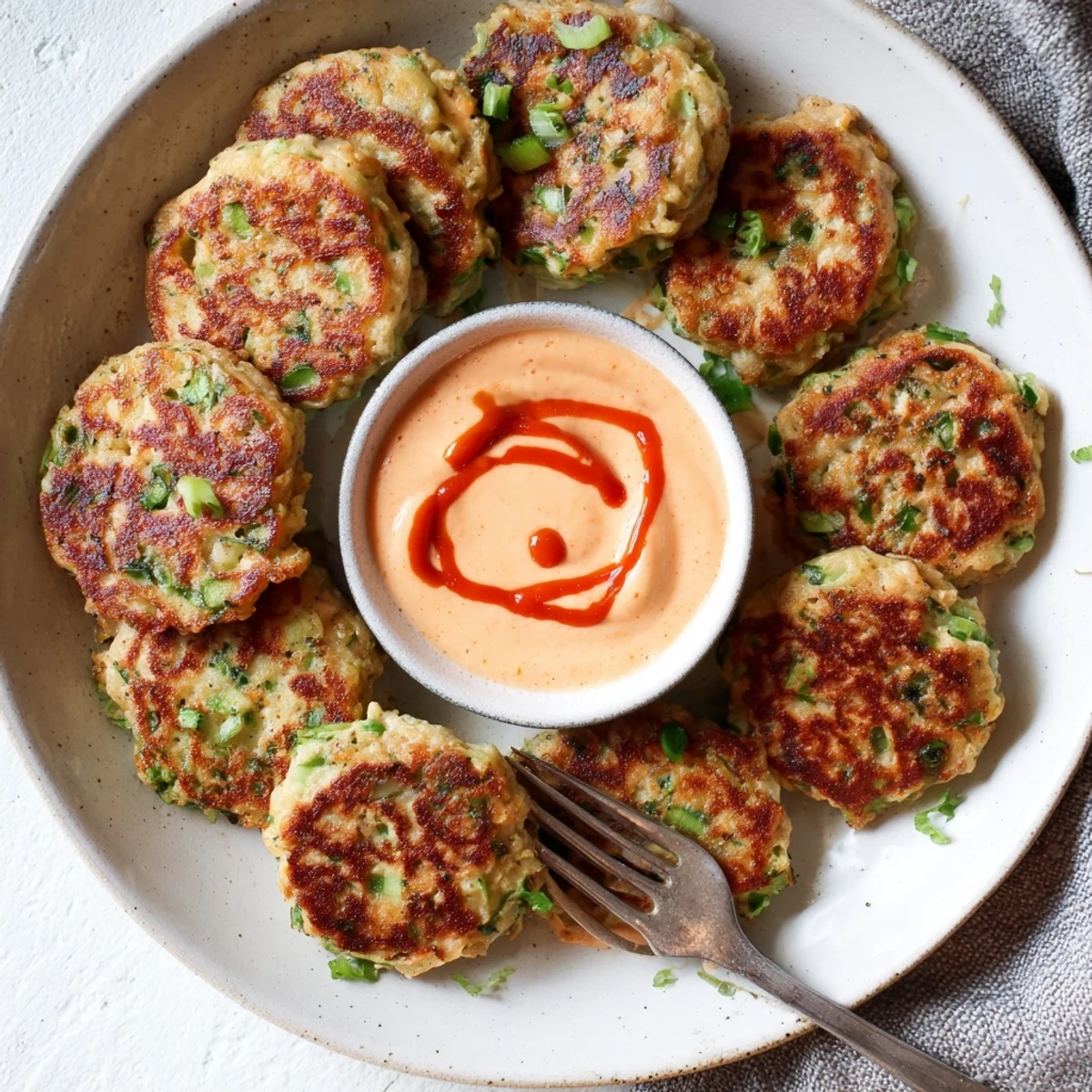 Golden brown Asian tuna cakes served with creamy spicy mayo dipping sauce