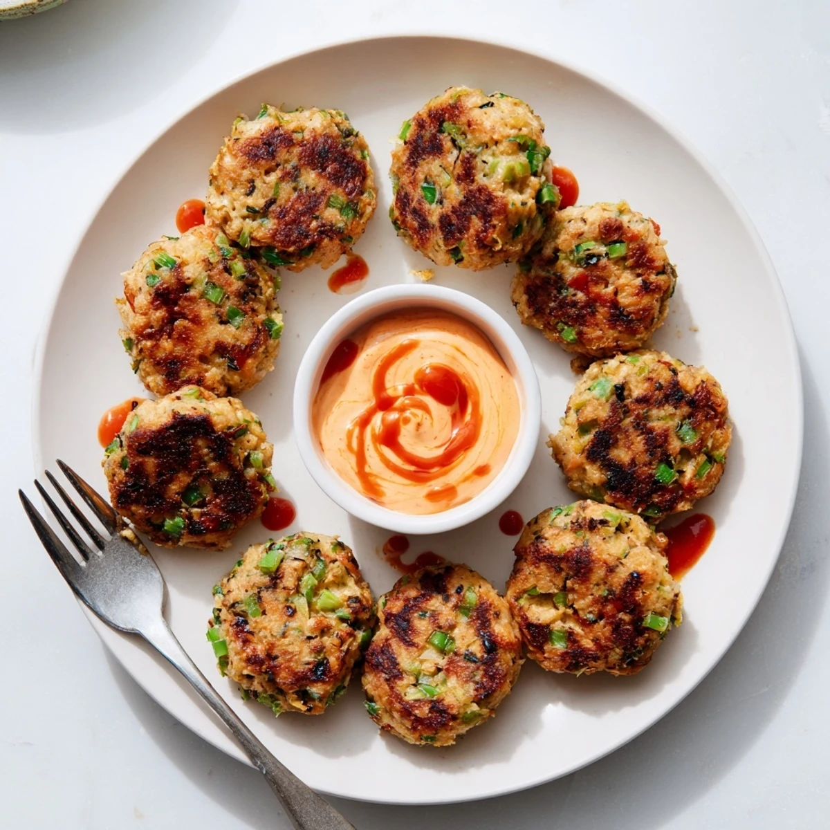 Golden Asian tuna cakes garnished with fresh cilantro alongside zesty spicy mayo dip