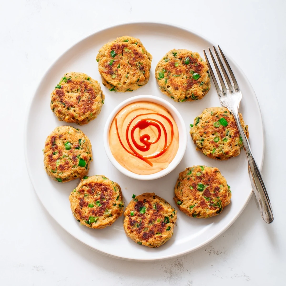 Crispy pan-fried Asian tuna cakes drizzled with homemade spicy mayonnaise on white plate