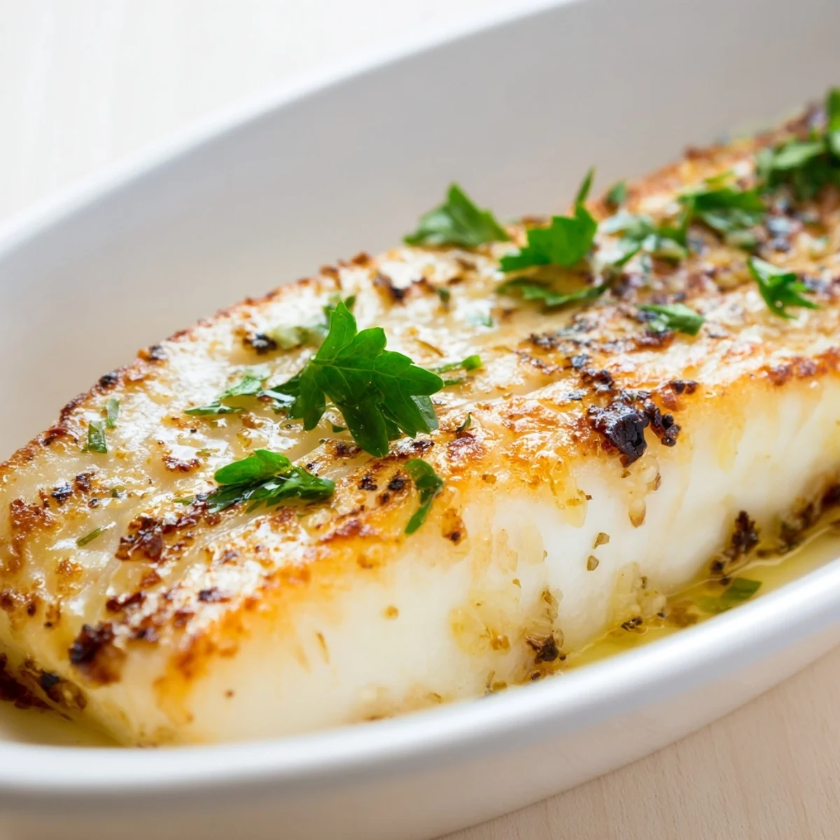 Golden pan-seared lemon garlic fish fillets garnished with fresh parsley and lemon wedges on a white plate