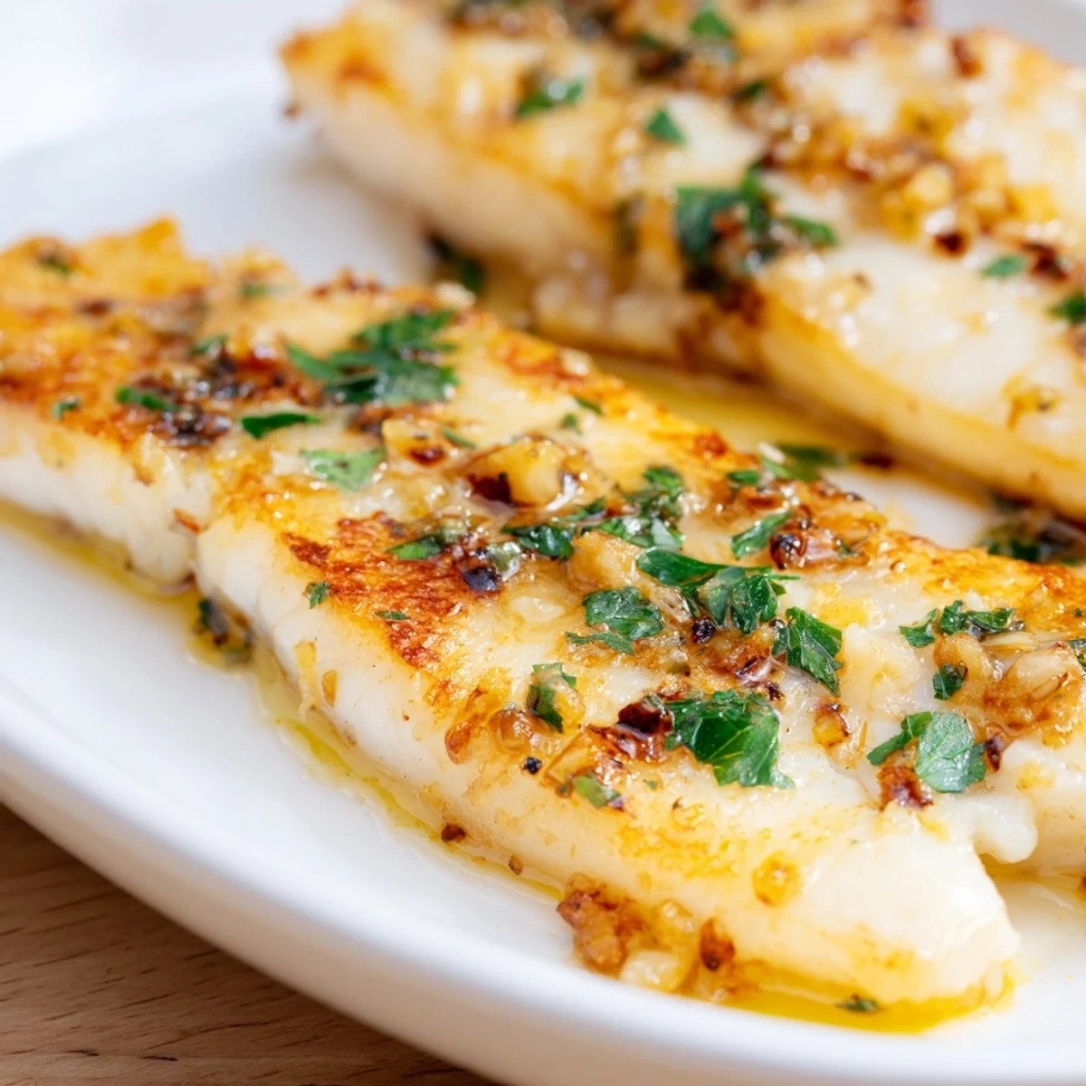 Baked white fish with aromatic garlic and lemon marinade served alongside vibrant parsley sprigs for a light Mediterranean dinner