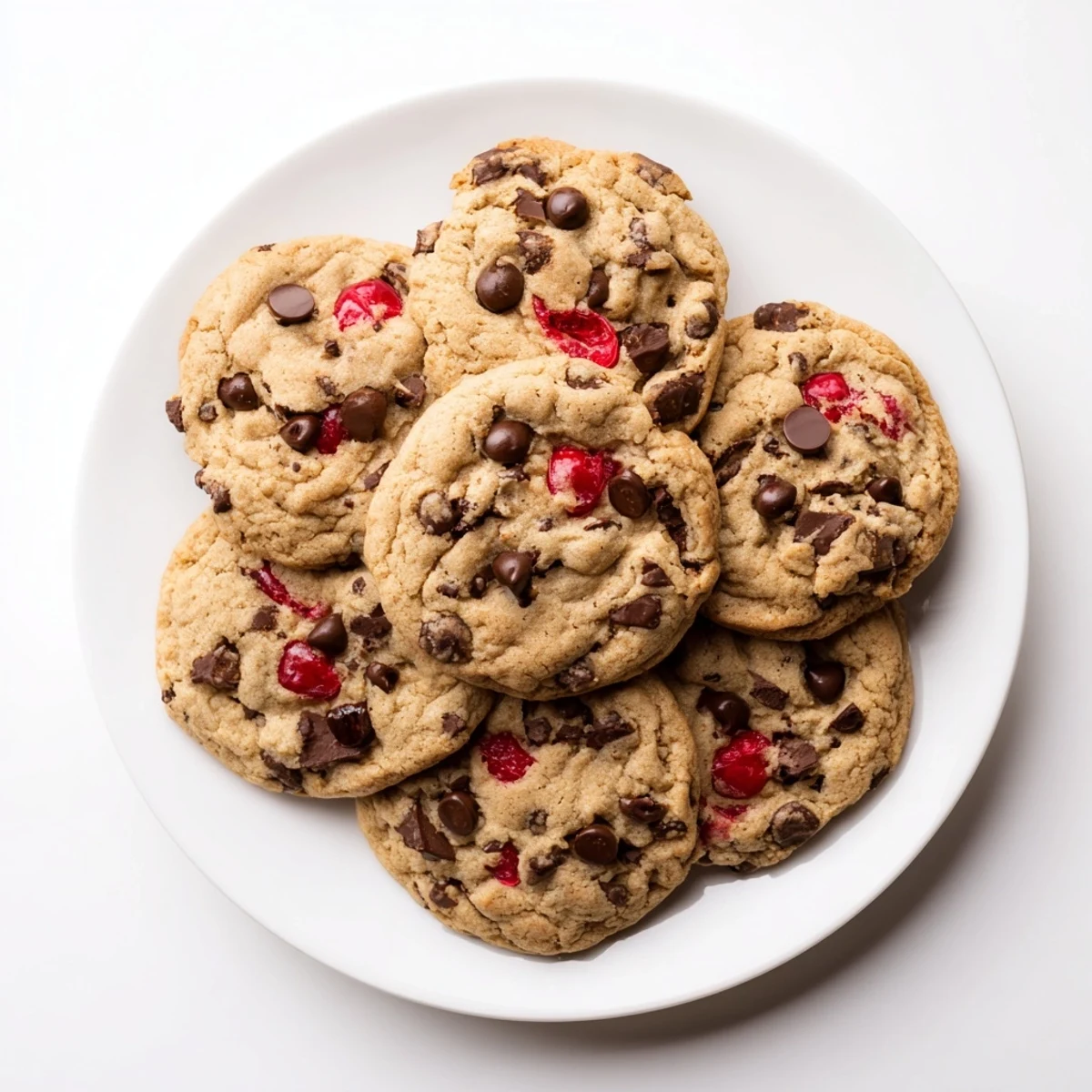 Freshly baked maraschino cherry chocolate chip cookies with gooey melted chocolate and cherry pieces