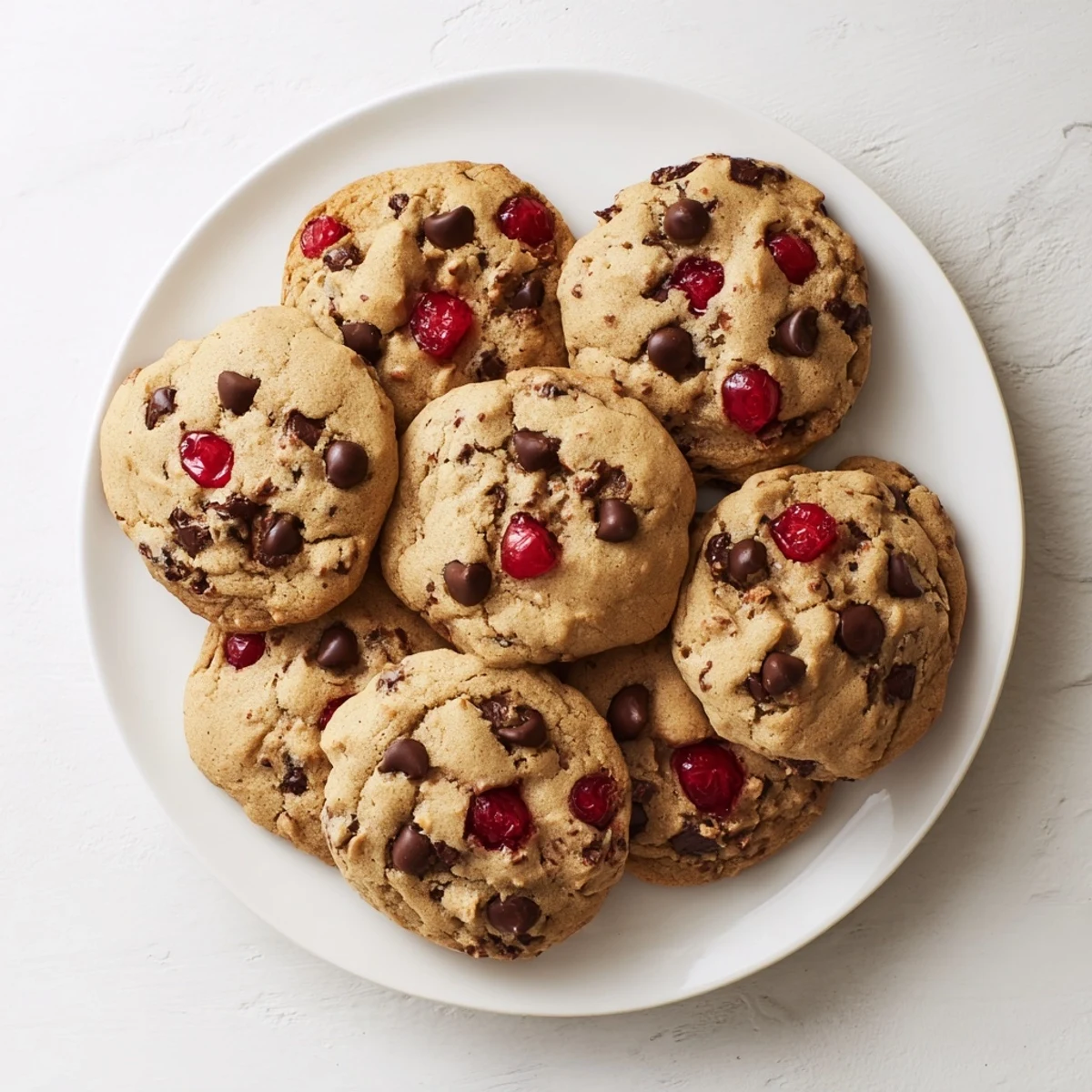Soft batch of maraschino cherry chocolate chip cookies studded with bright red cherries