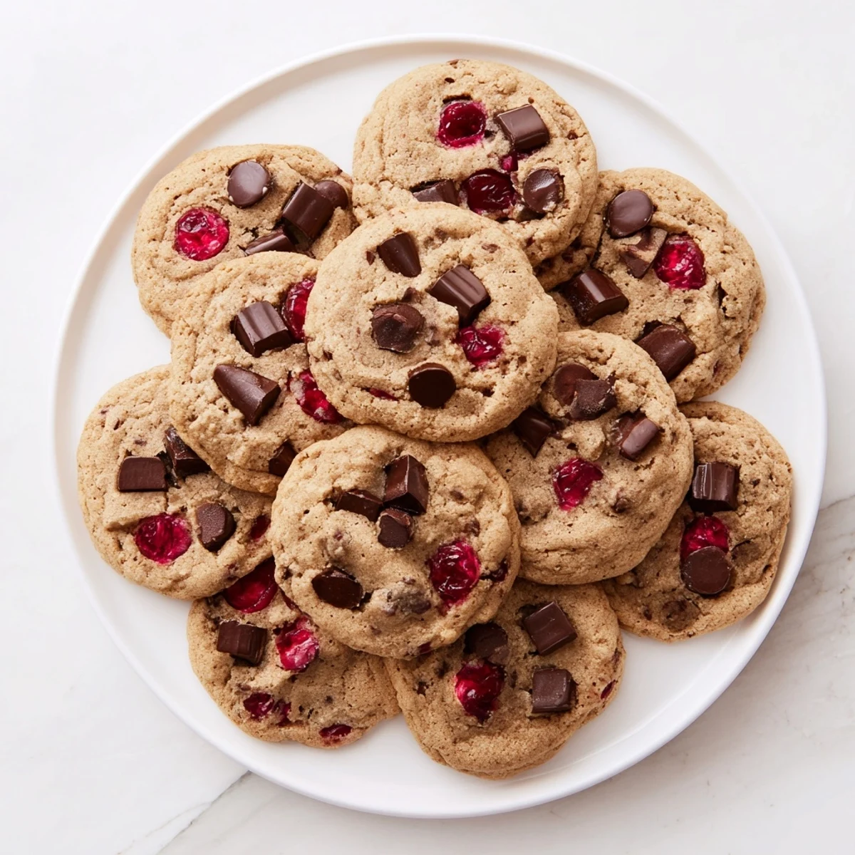 Golden brown maraschino cherry chocolate chip cookies piled on a wire cooling rack