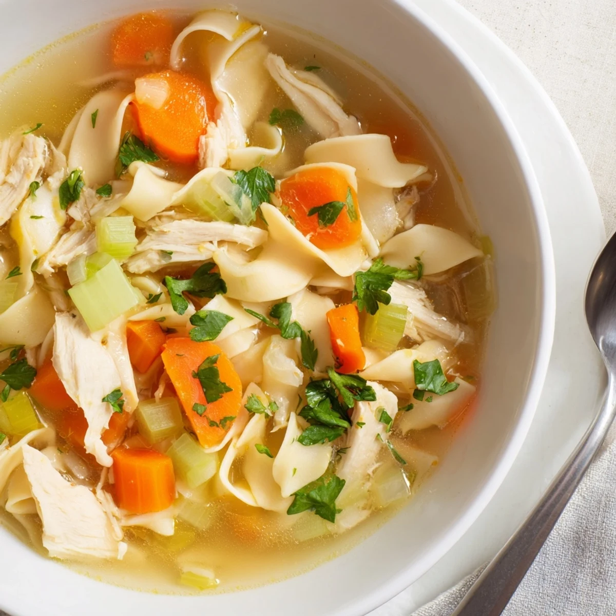 Golden one pot chicken and noodles simmering in rich broth with tender vegetables and egg noodles
