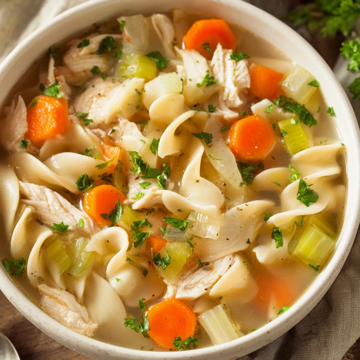 Hearty one pot chicken and noodles featuring bite-sized chicken pieces, colorful carrots, celery, and perfectly cooked noodles