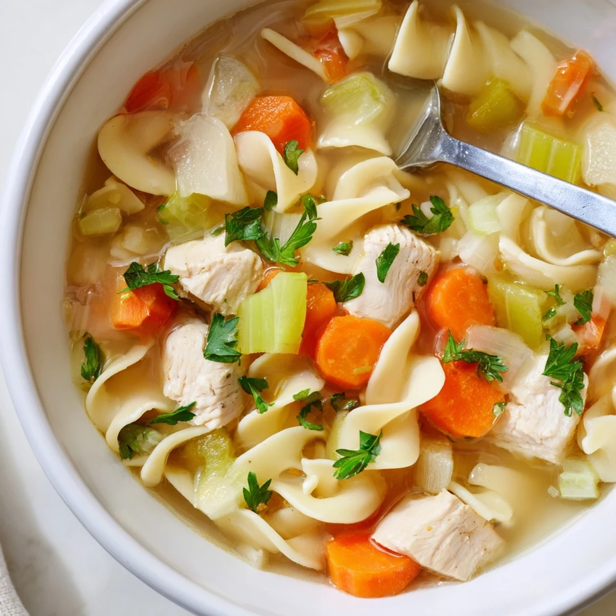 Comforting one pot chicken and noodles in a deep bowl with fresh parsley garnish and steam rising
