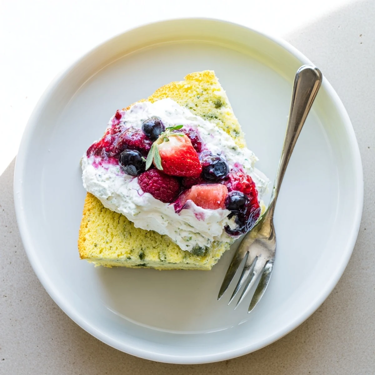 Summer dessert featuring fluffy basil cake layered with sweet mixed berries and basil cream