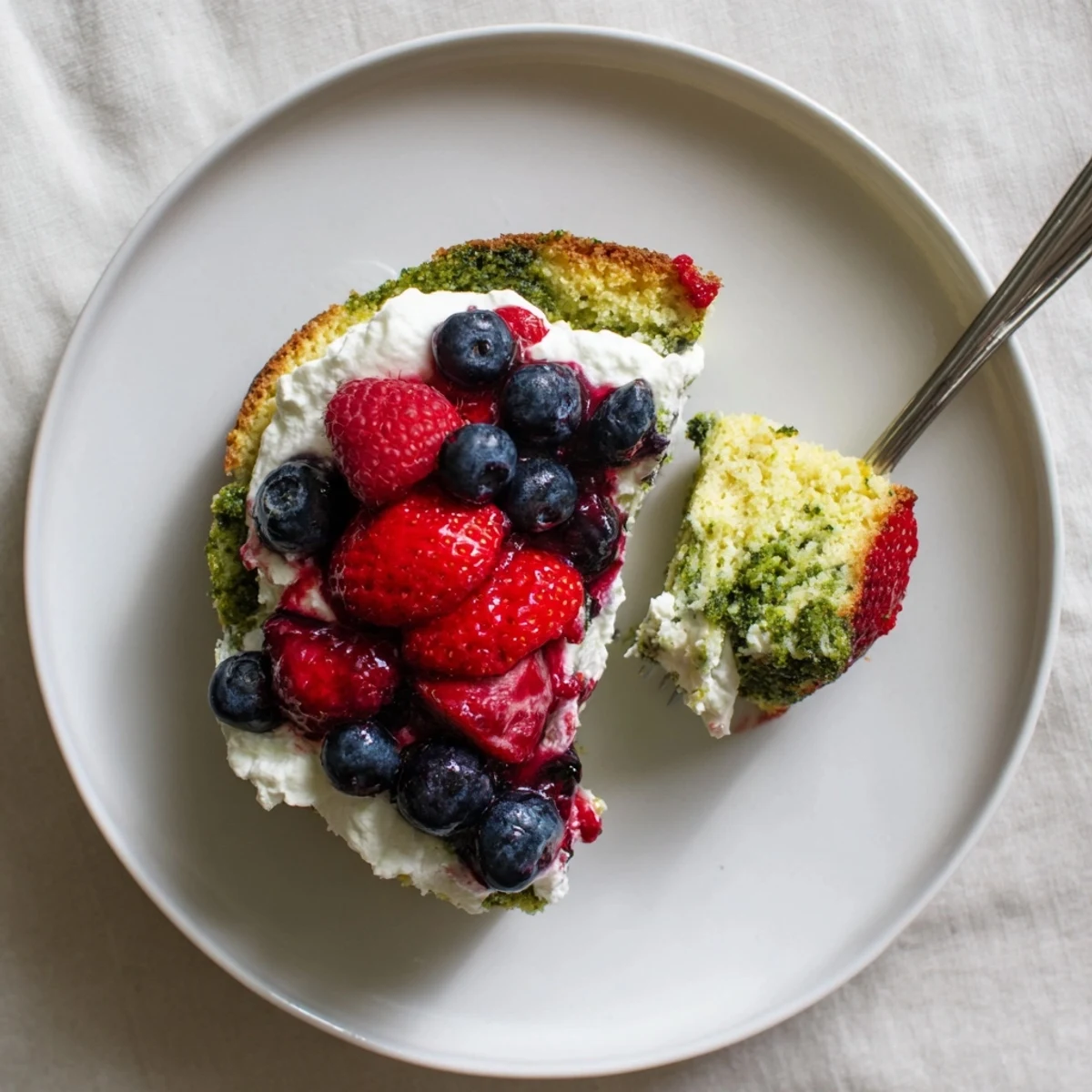 Homemade basil berry cake with fresh strawberry blueberry compote and herb infused cream frosting