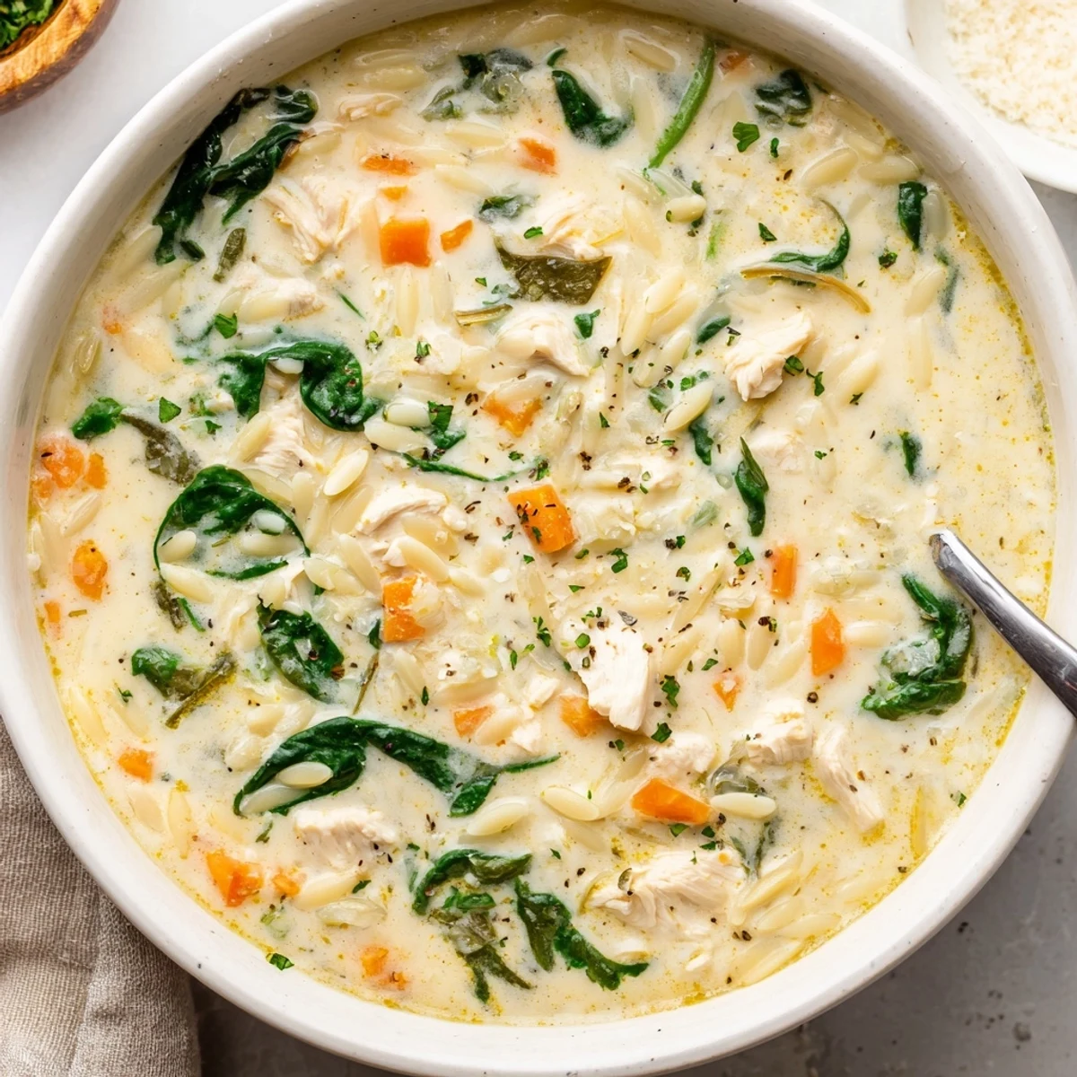 Bowl of Creamy Chicken Florentine Soup With Orzo, steam rising, tender spinach.