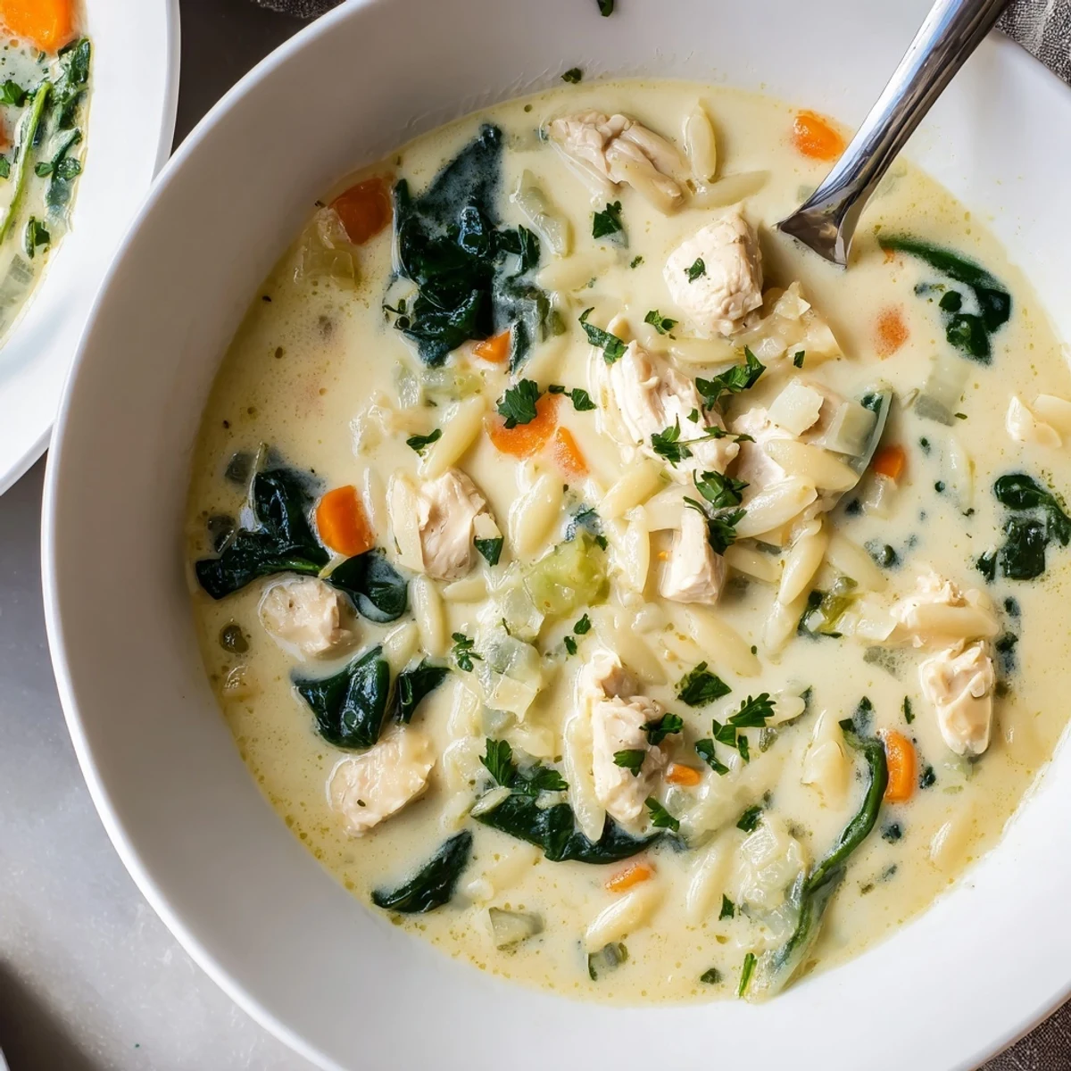 Hearty Creamy Chicken Florentine Soup With Orzo served with crusty bread slice.