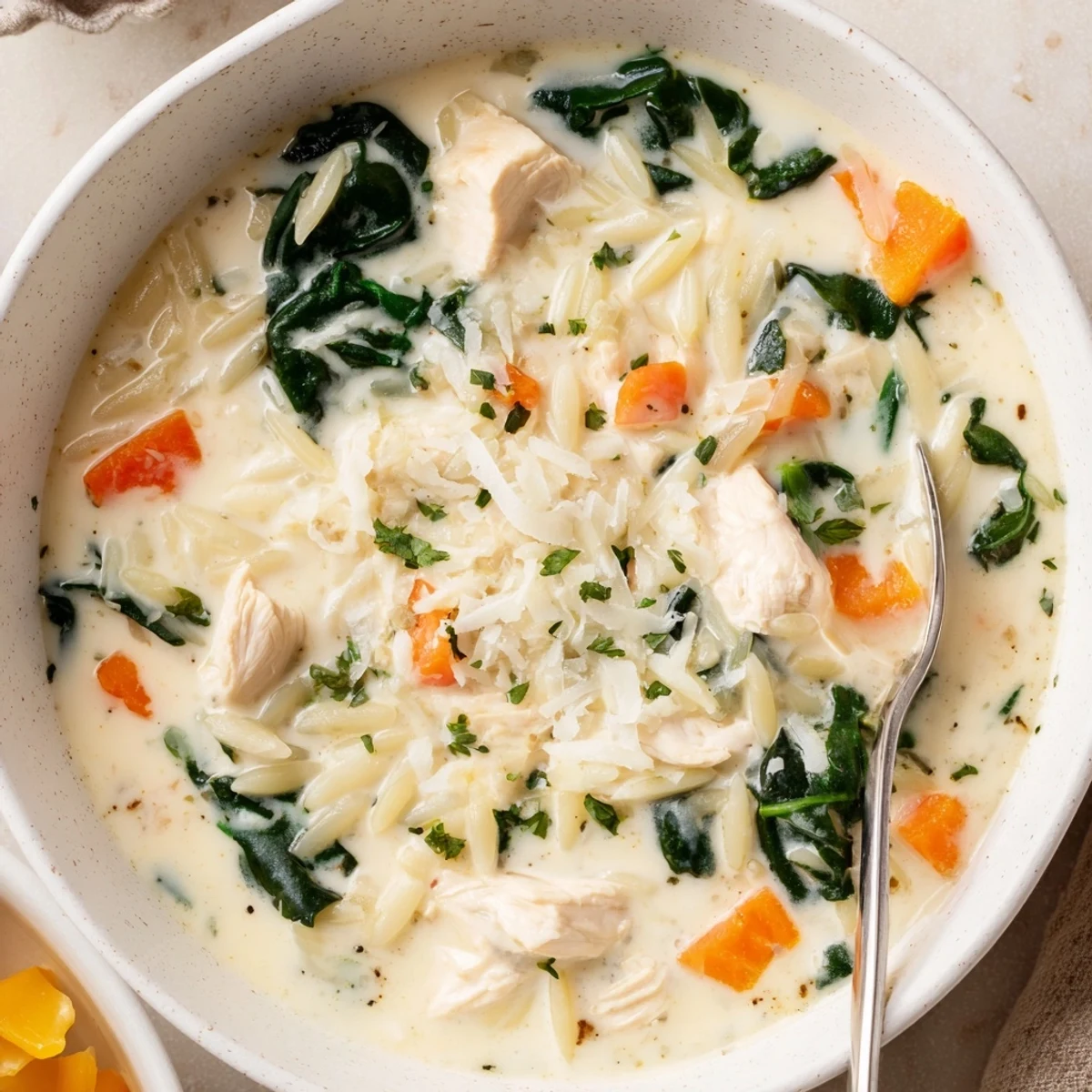Velvety Creamy Chicken Florentine Soup With Orzo, Parmesan-speckled surface and parsley.