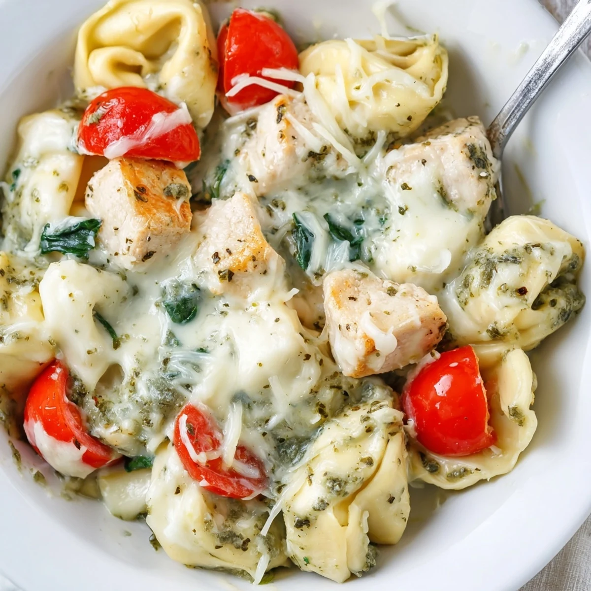 Slow Cooker Tortellini Casserole With Cheesy Chicken Pesto served warm with melty mozzarella pull