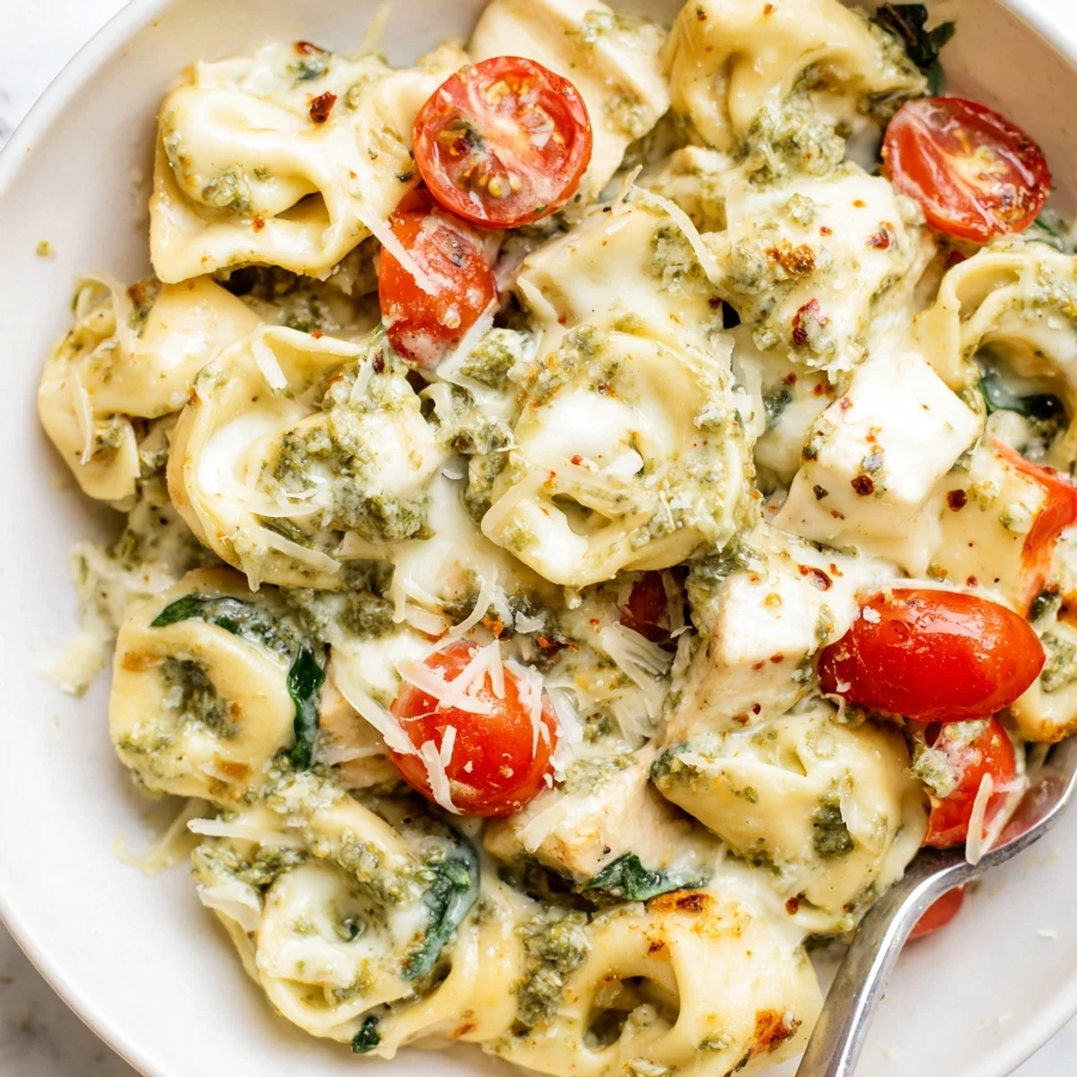 Slow Cooker Tortellini Casserole With Cheesy Chicken Pesto, bubbling creamy, fresh basil aroma