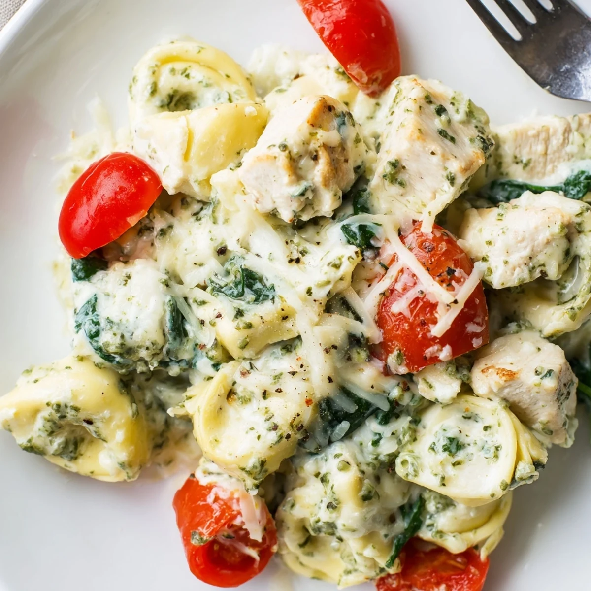 Slow Cooker Tortellini Casserole With Cheesy Chicken Pesto hearty, tender chicken and pillowy tortellini