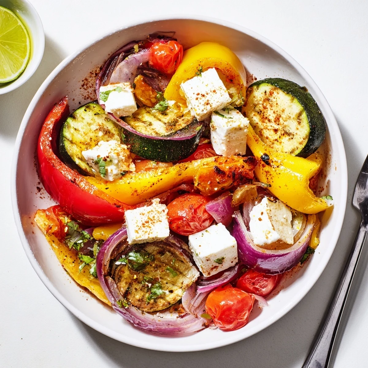 Roasted colorful vegetables and crumbled feta in Tajin Feta Sheet Pan Fajitas
