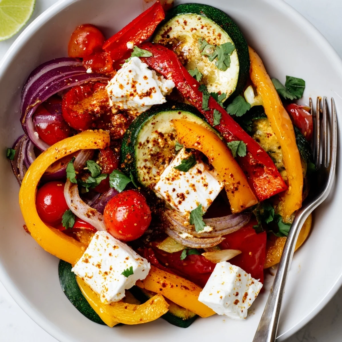 Tajin Feta Sheet Pan Fajitas piled in warm tortillas, bright lime squeeze