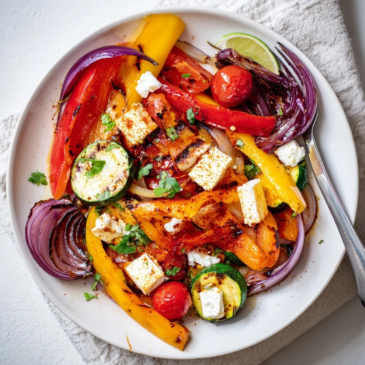 Sizzling charred edges, tangy Tajin Feta Sheet Pan Fajitas with cilantro