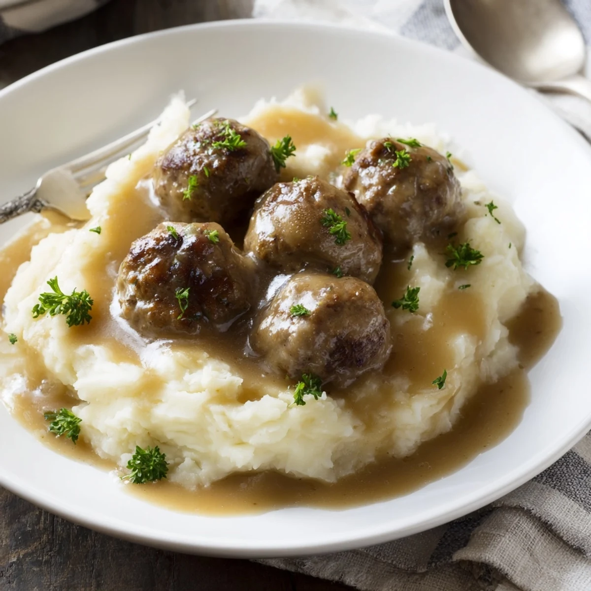 Crockpot Meatballs Gravy spooned over creamy mashed potatoes, steaming and savory.