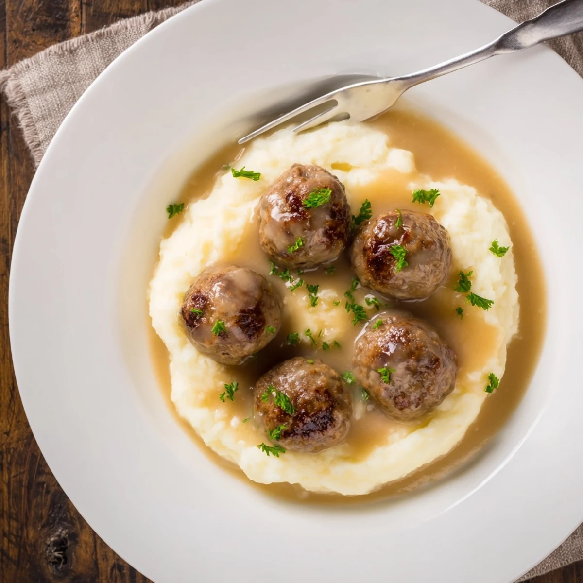 Bowl of Crockpot Meatballs Gravy ladled over buttered egg noodles, warm.