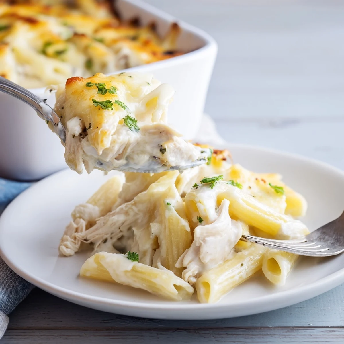 Creamy Chicken Alfredo Bake With Mozzarella Crust, golden, bubbling and fragrant