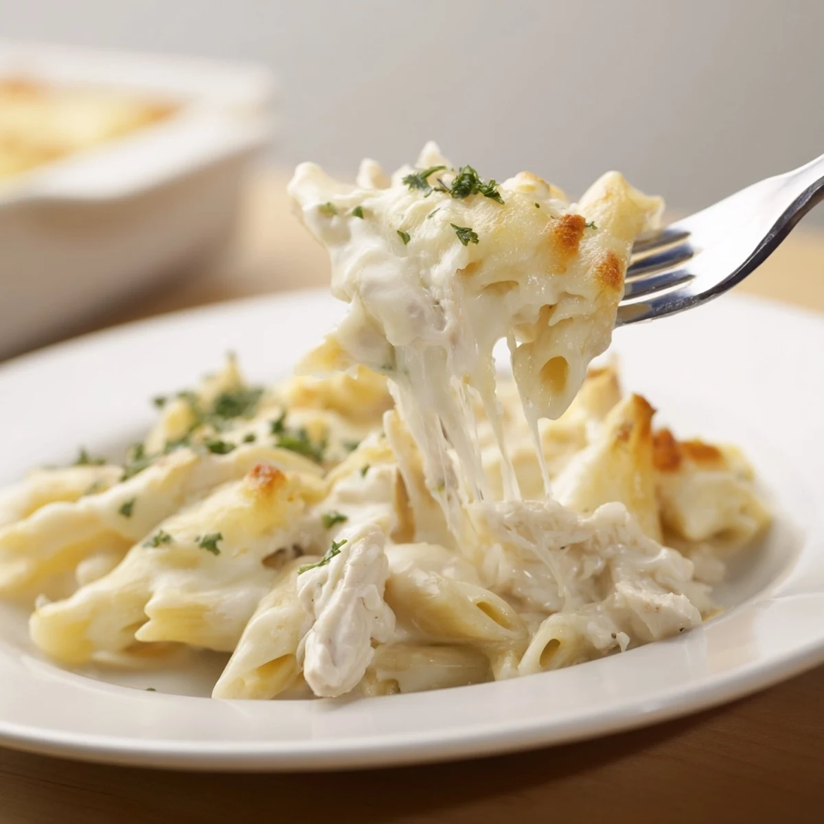 Rustic skillet, steaming, holds Creamy Chicken Alfredo Bake With Mozzarella Crust
