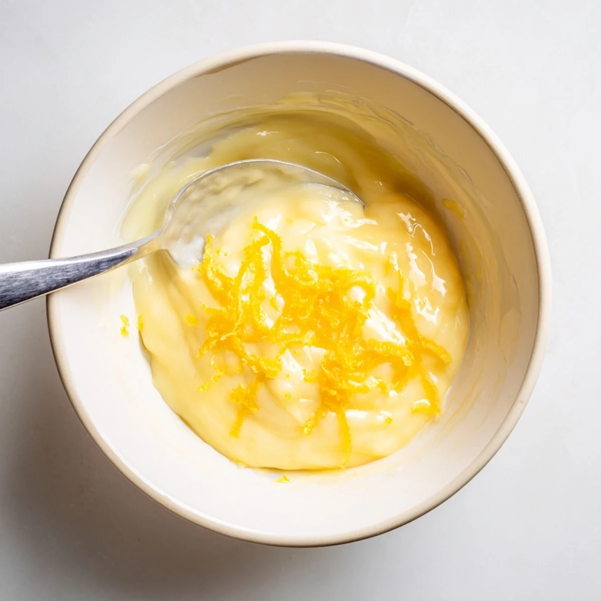A bowl of Homemade Lemon Curd, silky-smooth texture, whisked over simmering double boiler