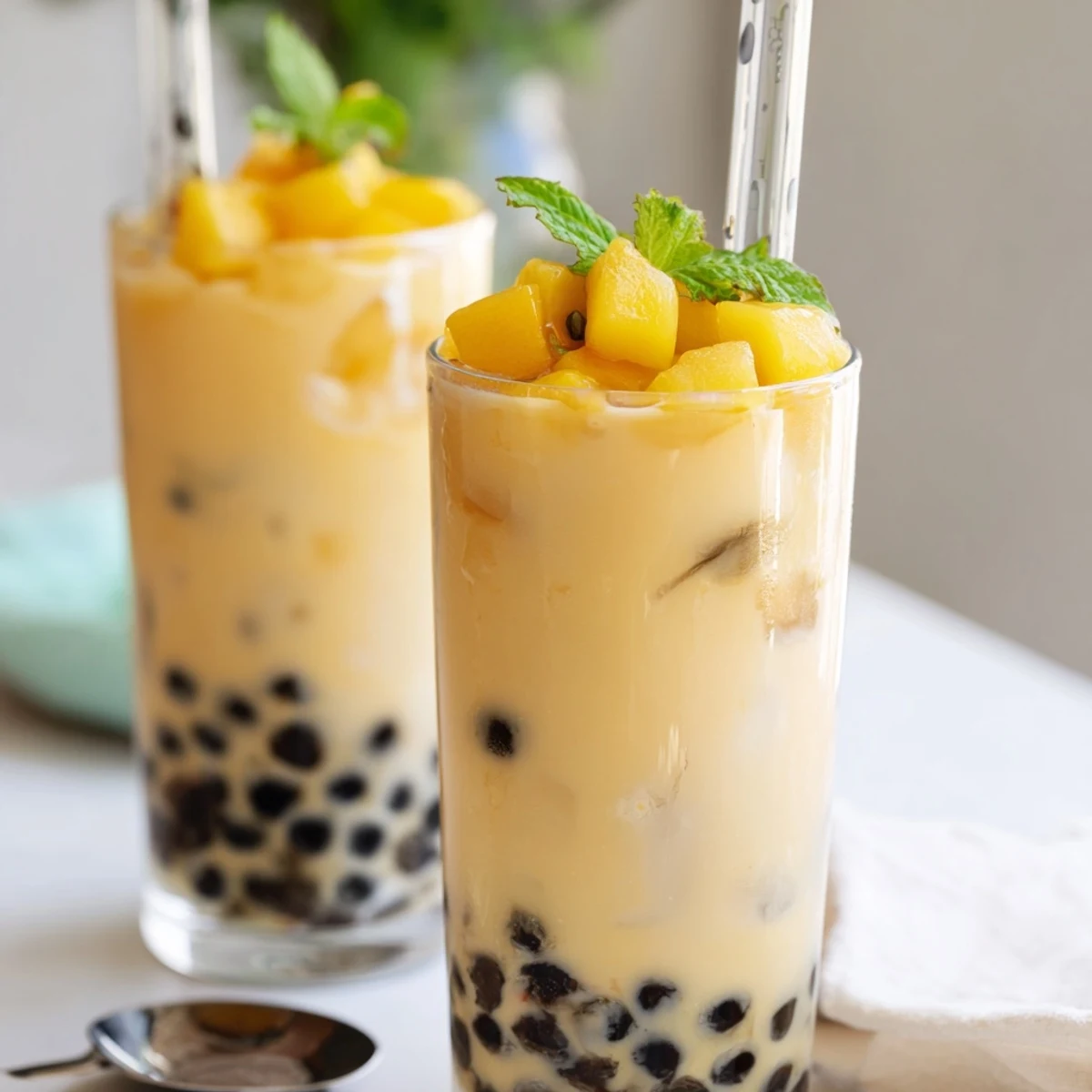 Vibrant Mango Milk Boba Tea with chewy pearls, ice, and fresh mango.  