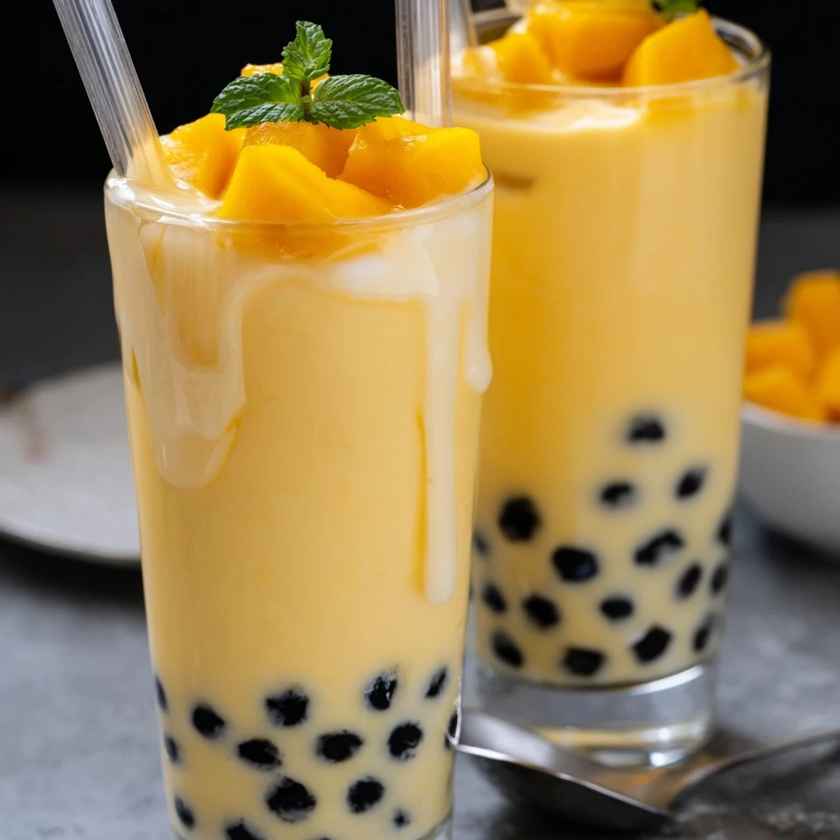 Chilled Mango Milk Boba Tea served in tall glass with wide straw.