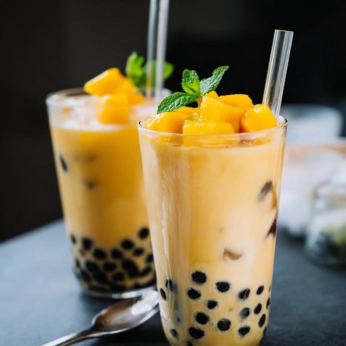 Creamy Mango Milk Boba Tea poured over ice, topped with condensed milk.  