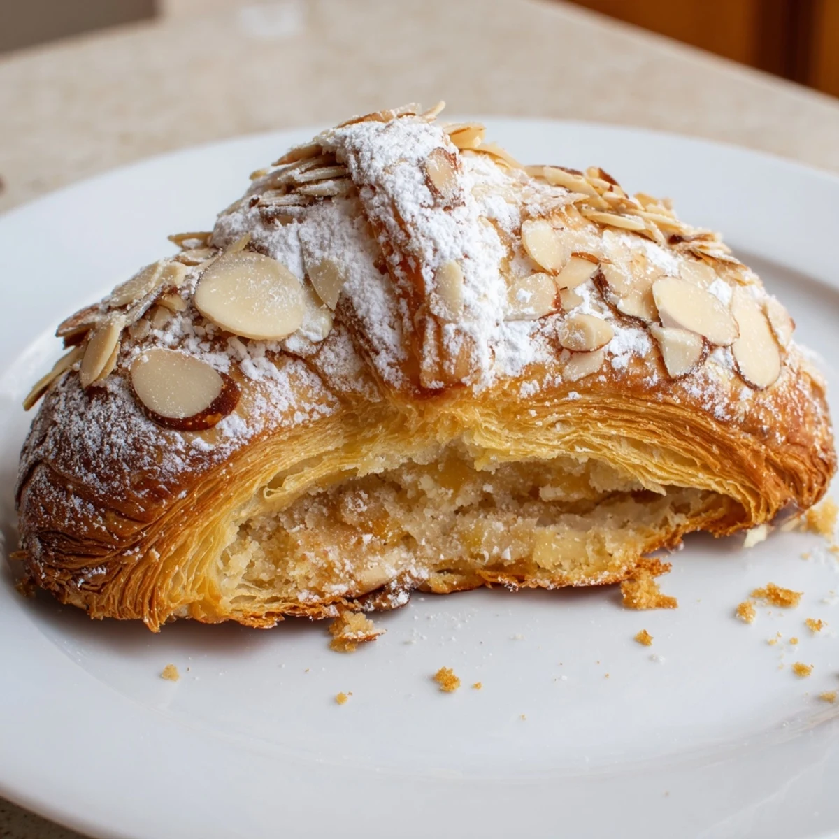 Almond Croissant Cookies with golden edges and flaky layers, dusted powdered sugar