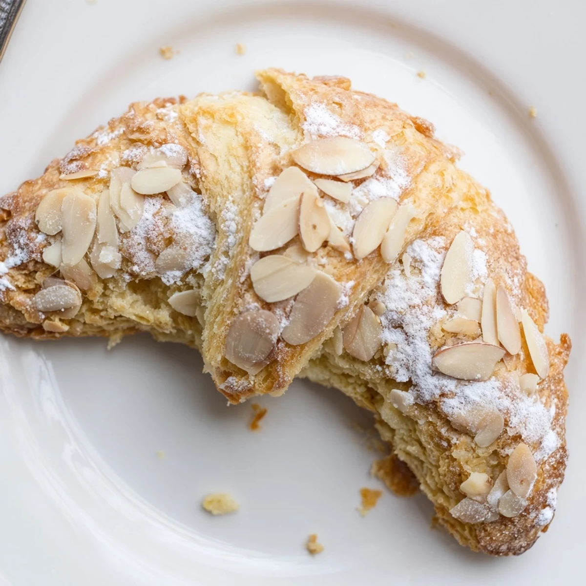 Fresh baked Almond Croissant Cookies arranged on parchment, topped with sliced almonds