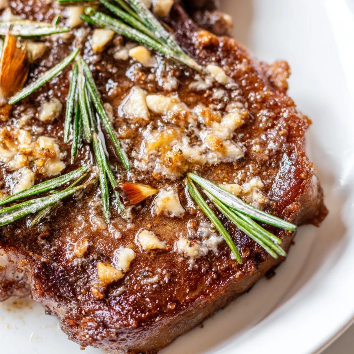 Golden pan-seared garlic butter steak resting on a white plate with melted butter pooling