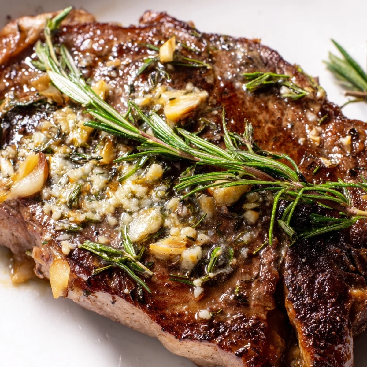 Juicy medium-rare garlic butter steak sliced to reveal pink center with golden herb butter drizzle