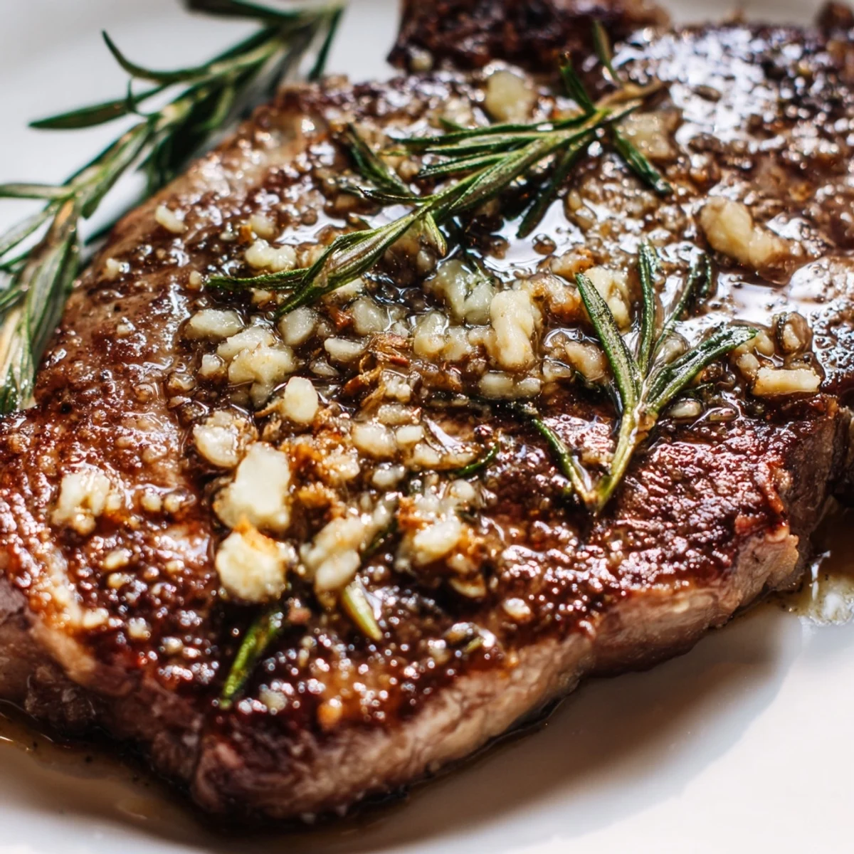 Sizzling ribeye steak basted with aromatic garlic butter and fresh rosemary sprigs in cast iron