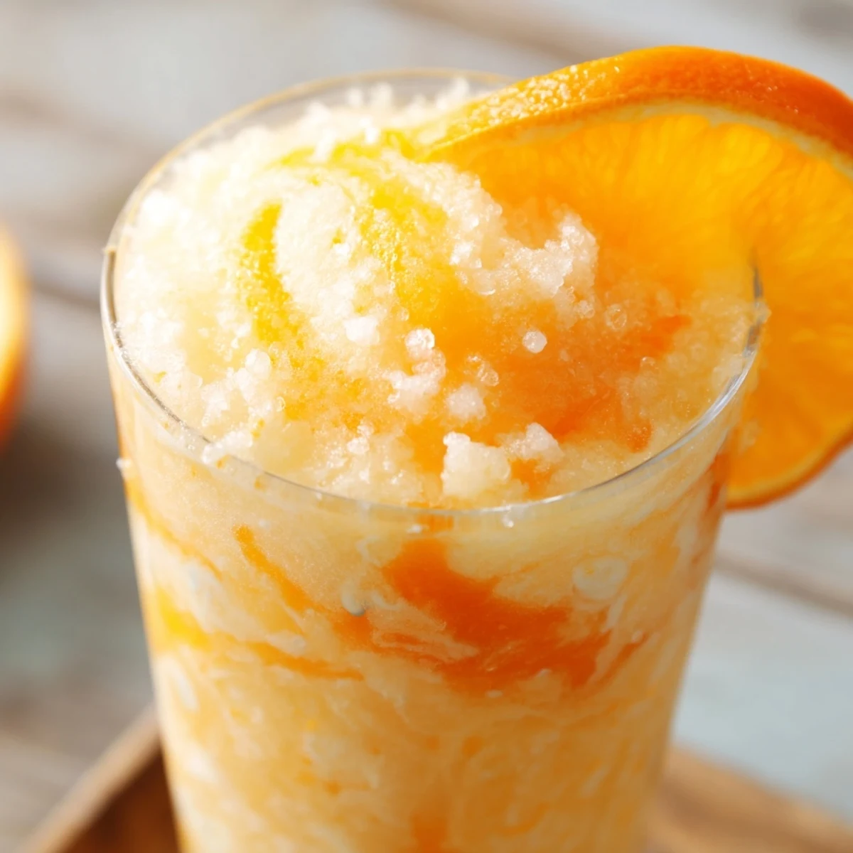 Tall glass of frozen orange cream slush garnished with fresh orange slice