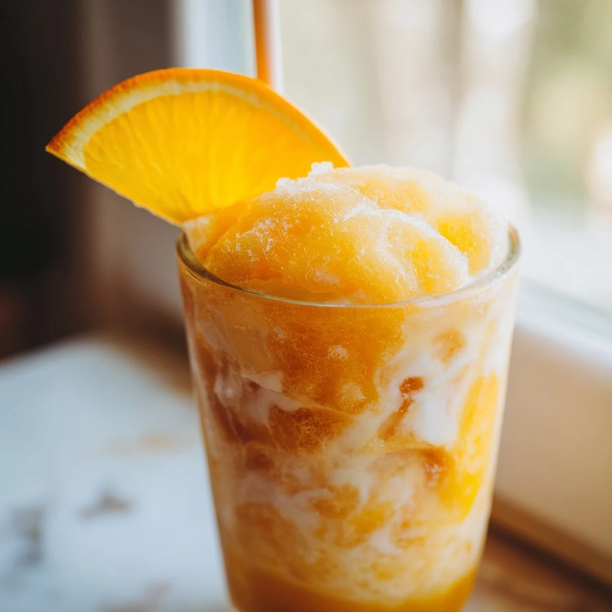 Sun-kissed orange cream slush in frosted glass with swirling vanilla orange layers